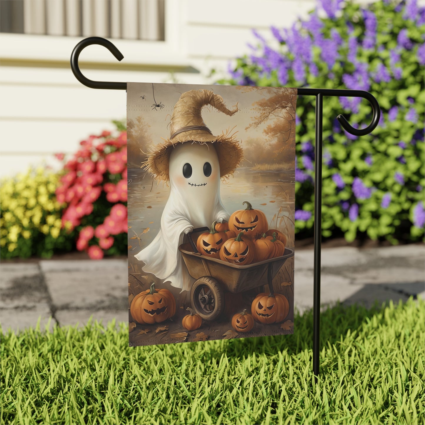 Cute Lake Ghost with Jack O'Lanterns Garden Banner