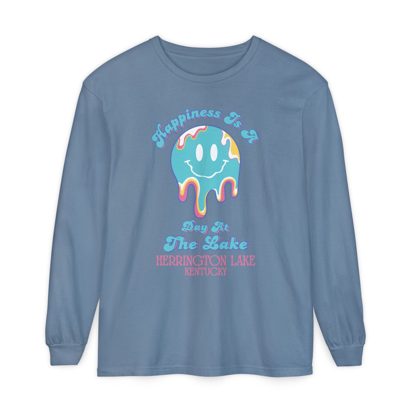 "Happiness is a Day at the Lake" Herrington Lake Garment-Dyed Premium Comfort Colors™ Long Sleeve T-Shirt