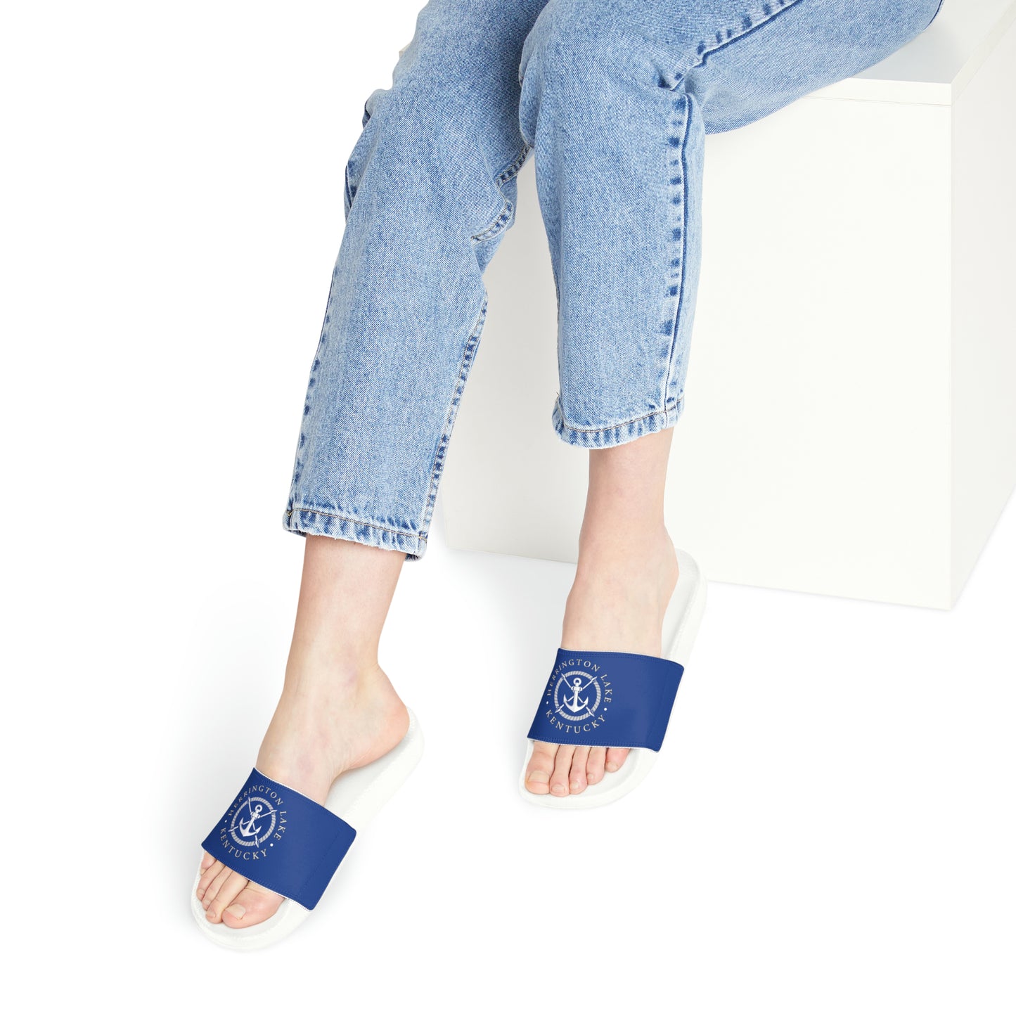 Women's HLKY White Anchor Slide Sandals, Dark Blue