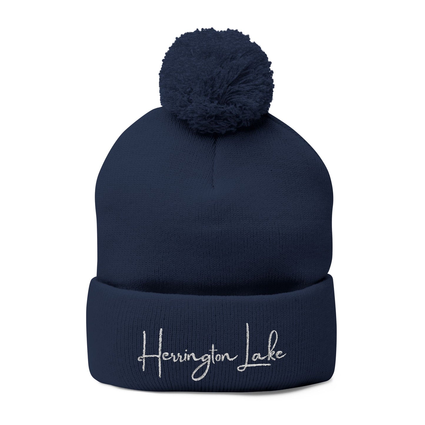 Embroidered Herrington Lake Script Pom-Pom Knit Cap