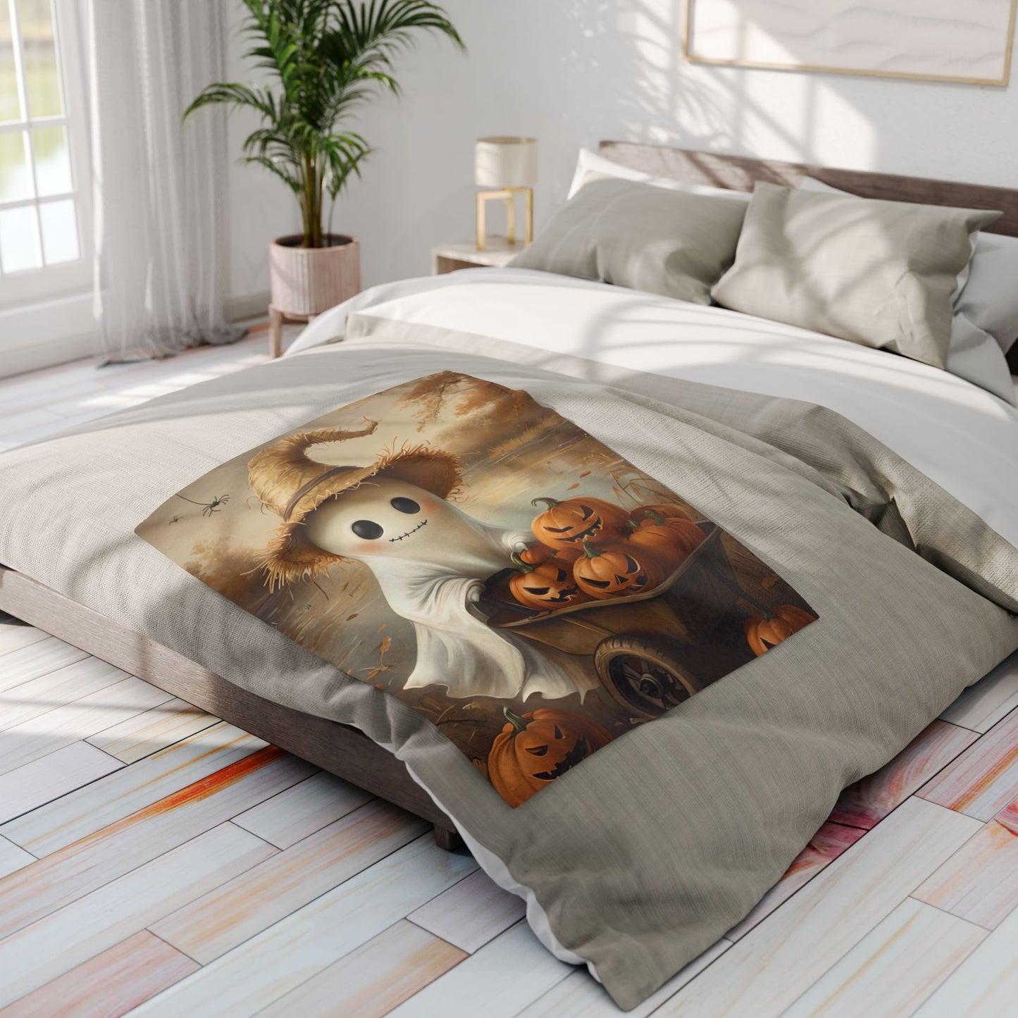 Cute Lake Ghost with Jack O'Lanterns Arctic Fleece Blanket