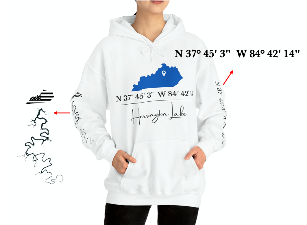 Custom Herrington Lake Coordinates Heavy Blend™ Hooded Sweatshirt w/ Printed Sleeves