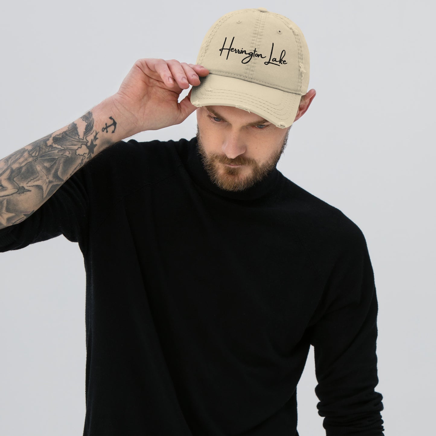 Embroidered Herrington Lake Script Logo Distressed Dad Hat