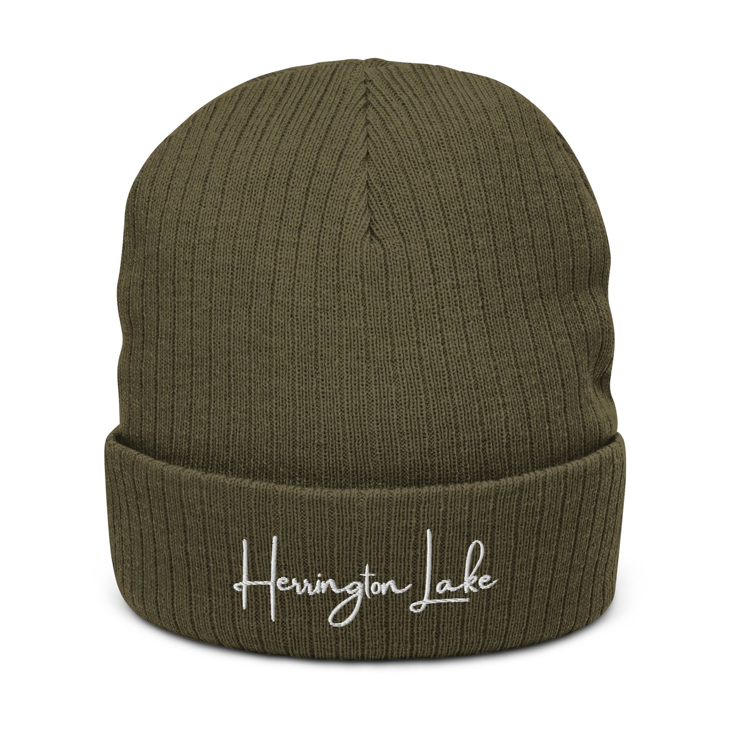 Embroidered Herrington Lake Script Logo Ribbed Knit Beanie