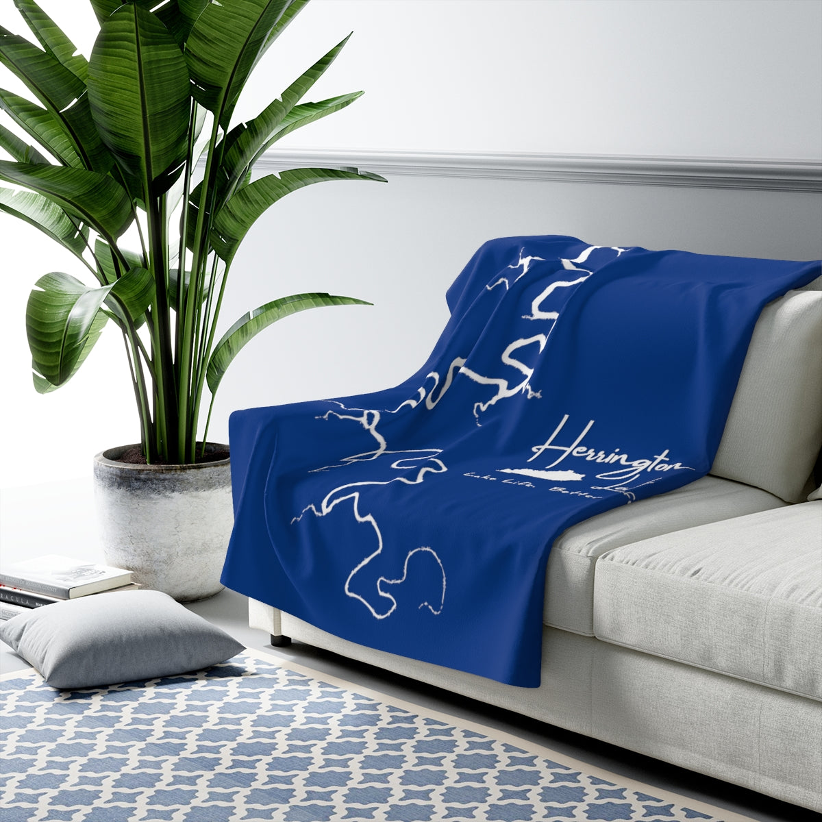 The "Classic" Herrington Lake Life Better Life Sherpa Fleece Blanket (Blue)