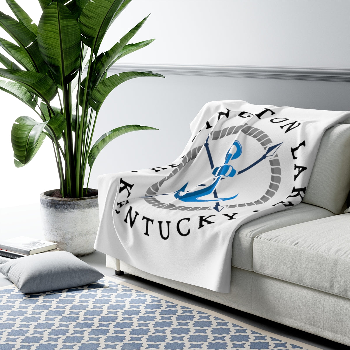 Herrington Lake Blue Anchor Sherpa Fleece Blanket on White