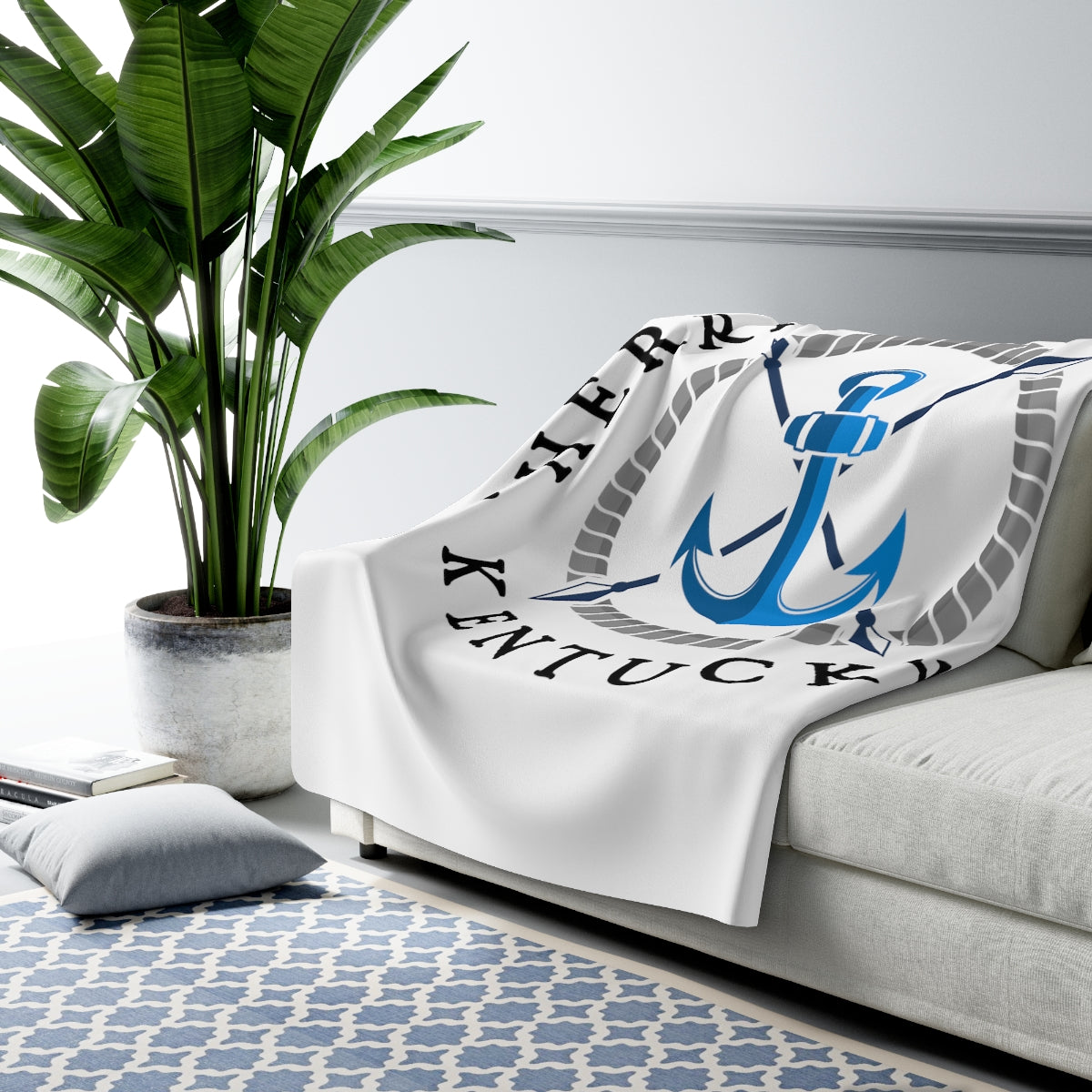 Herrington Lake Blue Anchor Sherpa Fleece Blanket on White