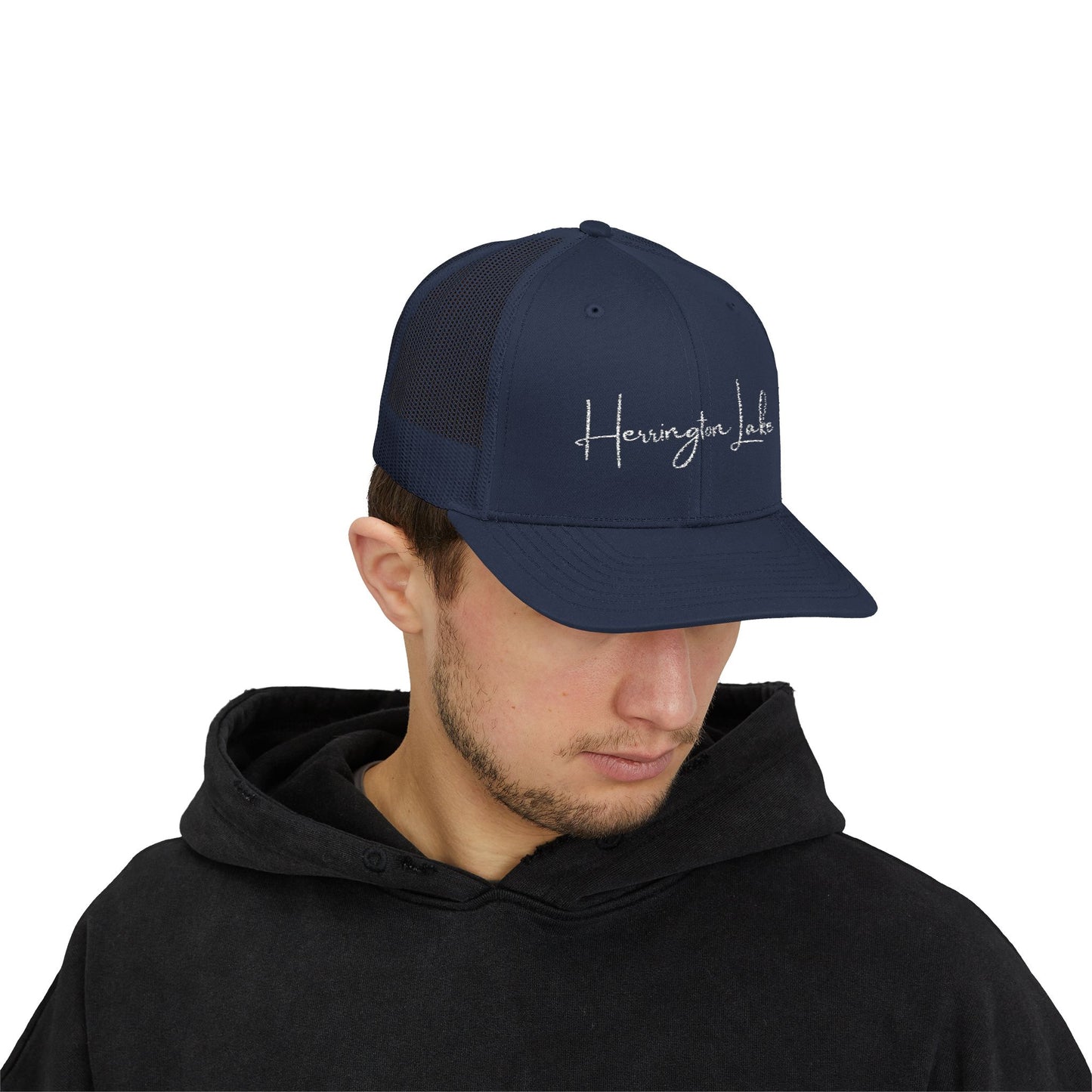 Embroidered Herrington Lake Script Logo Snapback Trucker Cap