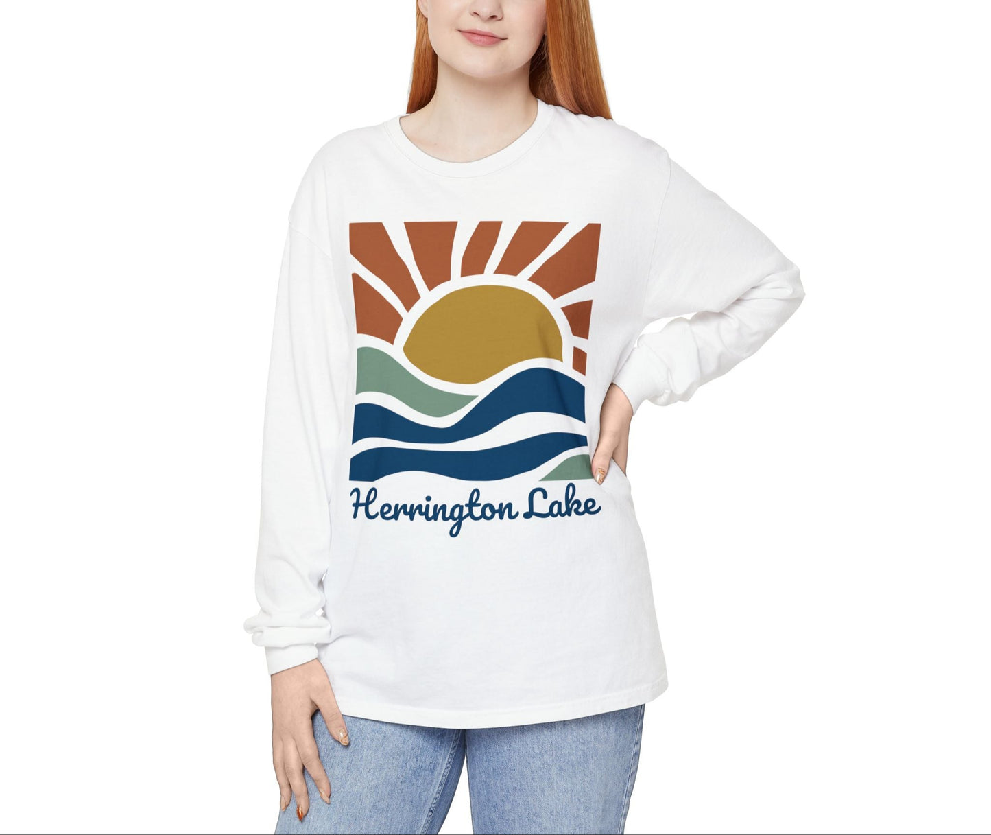 "Sunrise Serenity" Herrington Lake Garment-Dyed Premium Comfort Colors™ Long Sleeve T-Shirt