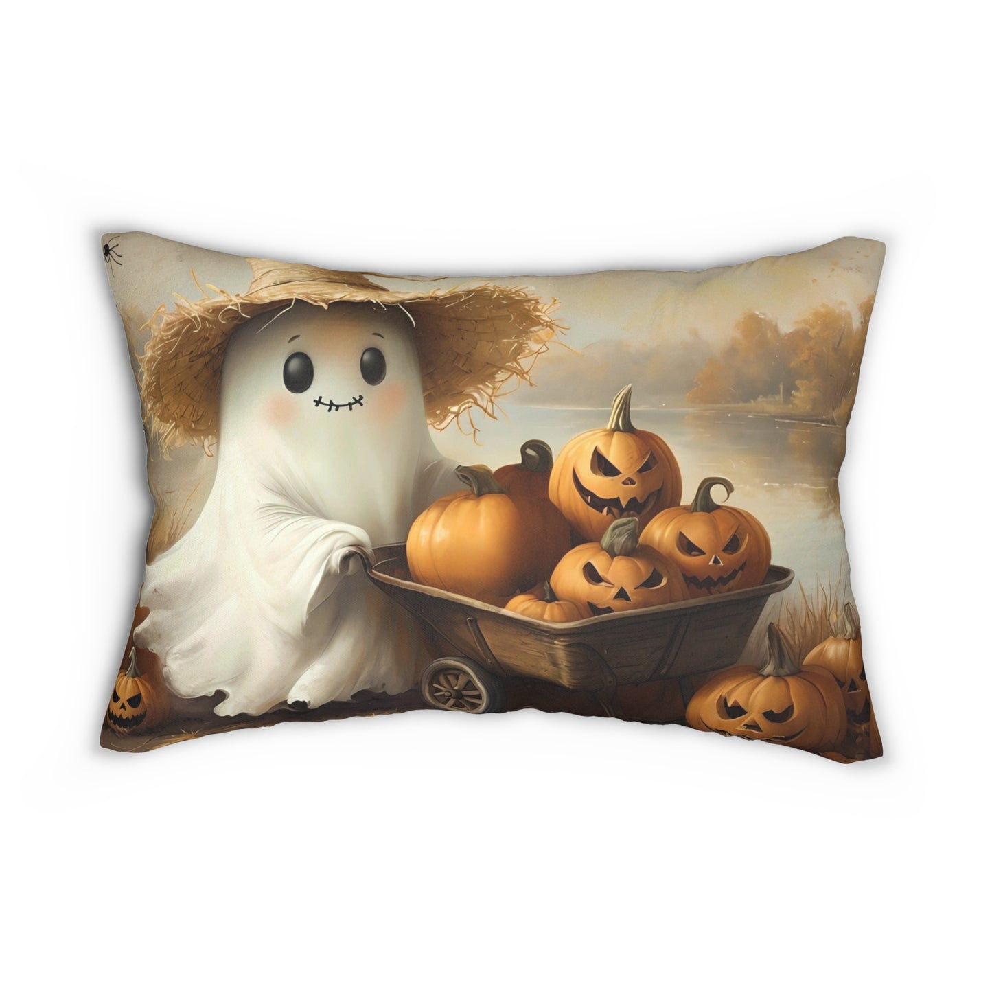 Cute Lake Ghost with Jack O'Lanterns Lumbar Pillow