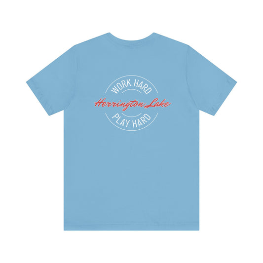 "Work Hard. Play Hard." Herrington Lake Double-Sided Print Jersey Knit Cotton Short Sleeve Tee