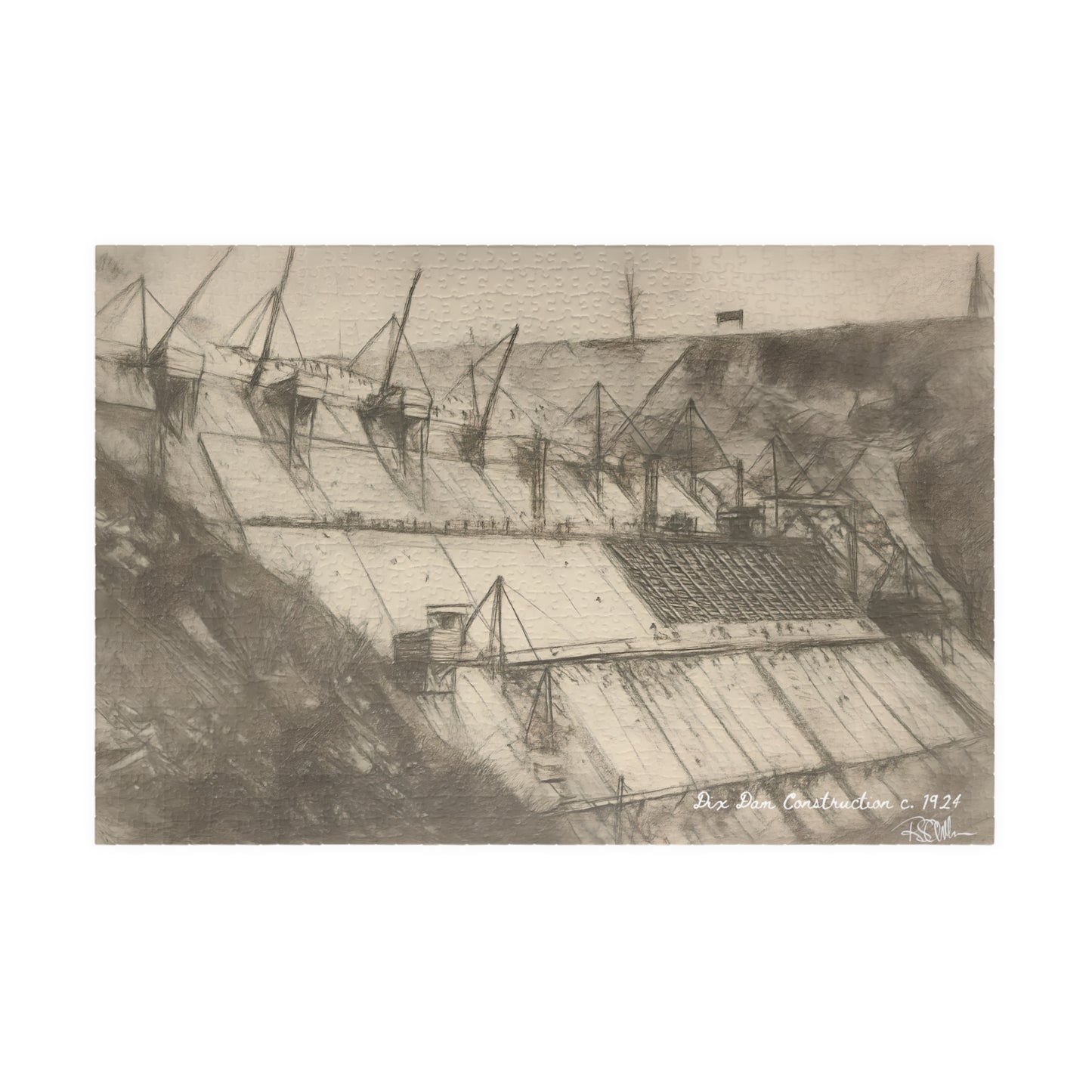Dix Dam Under Construction in Pencil Jigsaw Puzzle (110, 252, 500 & 1000 pieces)