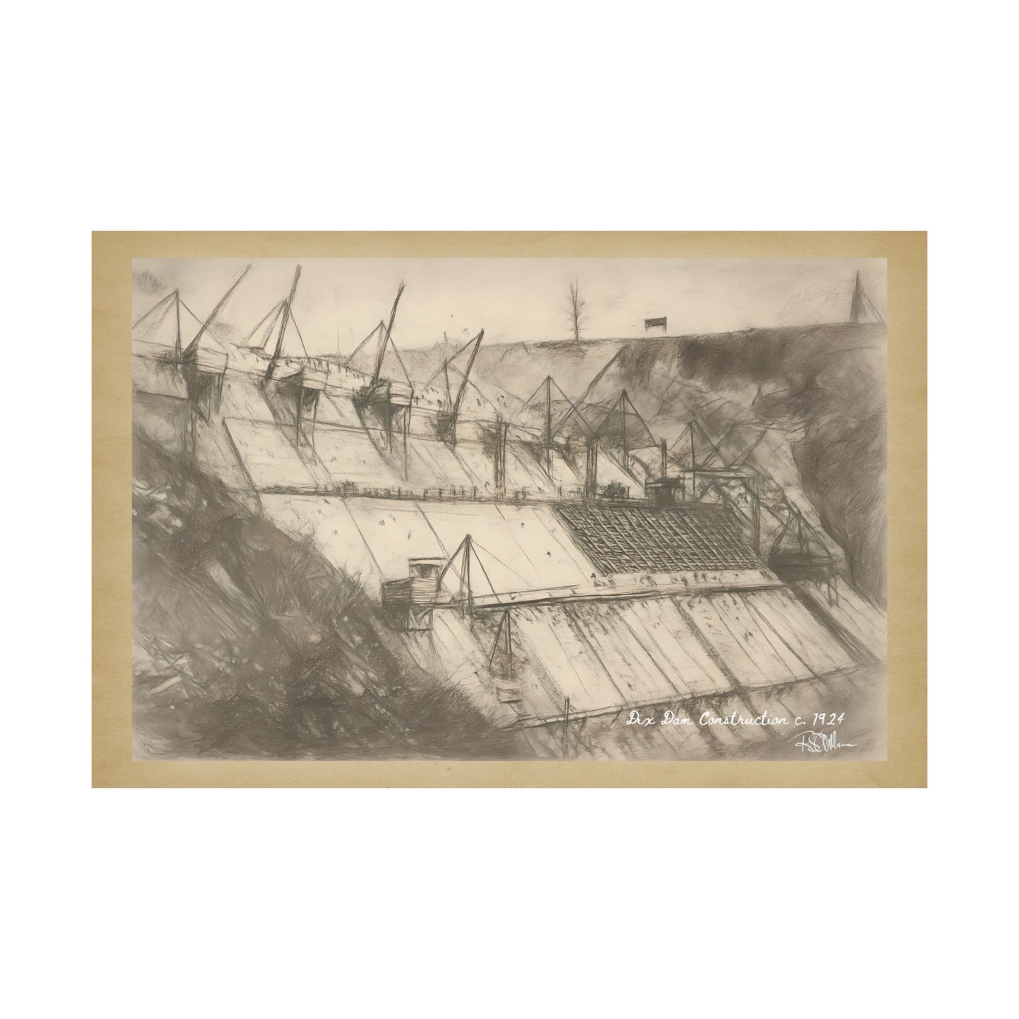 Dix Dam Under Construction - 1 c. 1924 in Pencil Satin Fine Art Poster Print (300gsm)