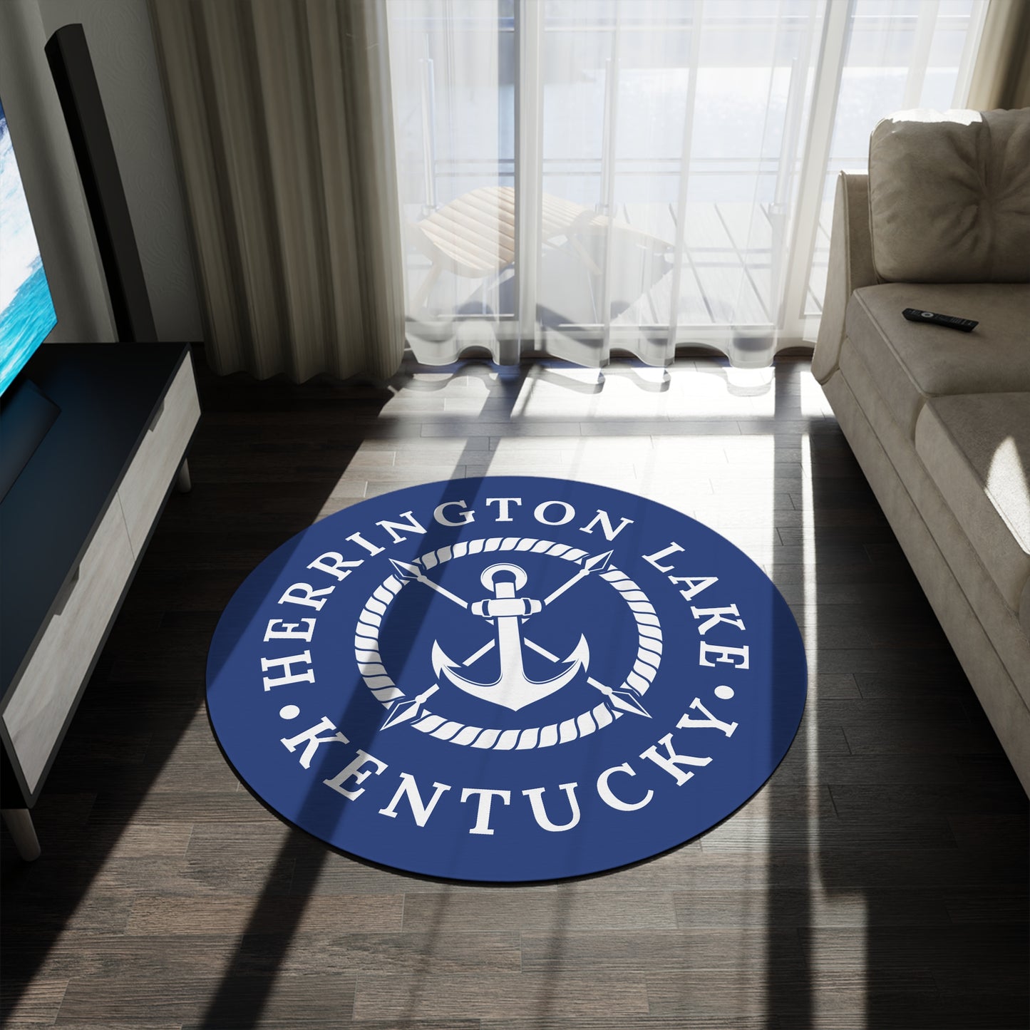 Herrington Lake Nautical Collection Round Rug - White on Blue