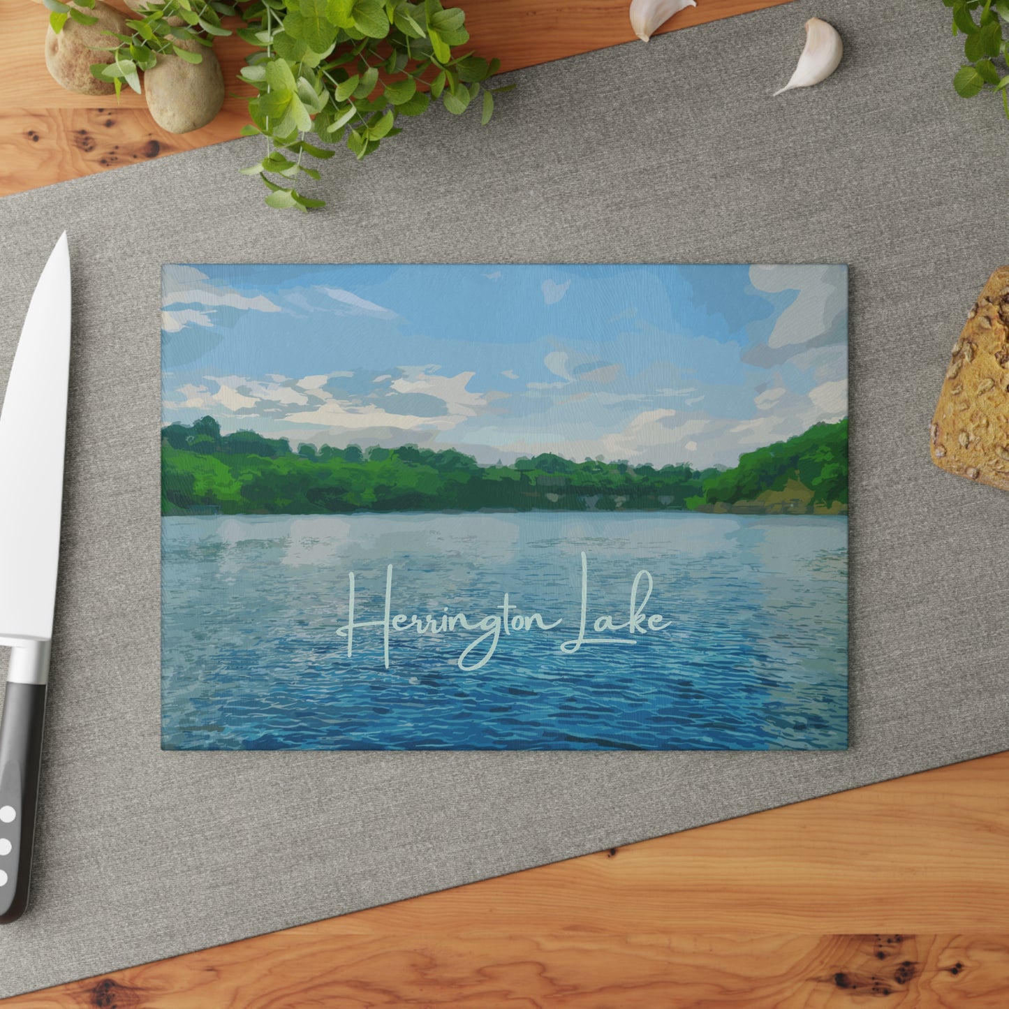"Herrington LakeScape -1" Glass Cutting Board - White
