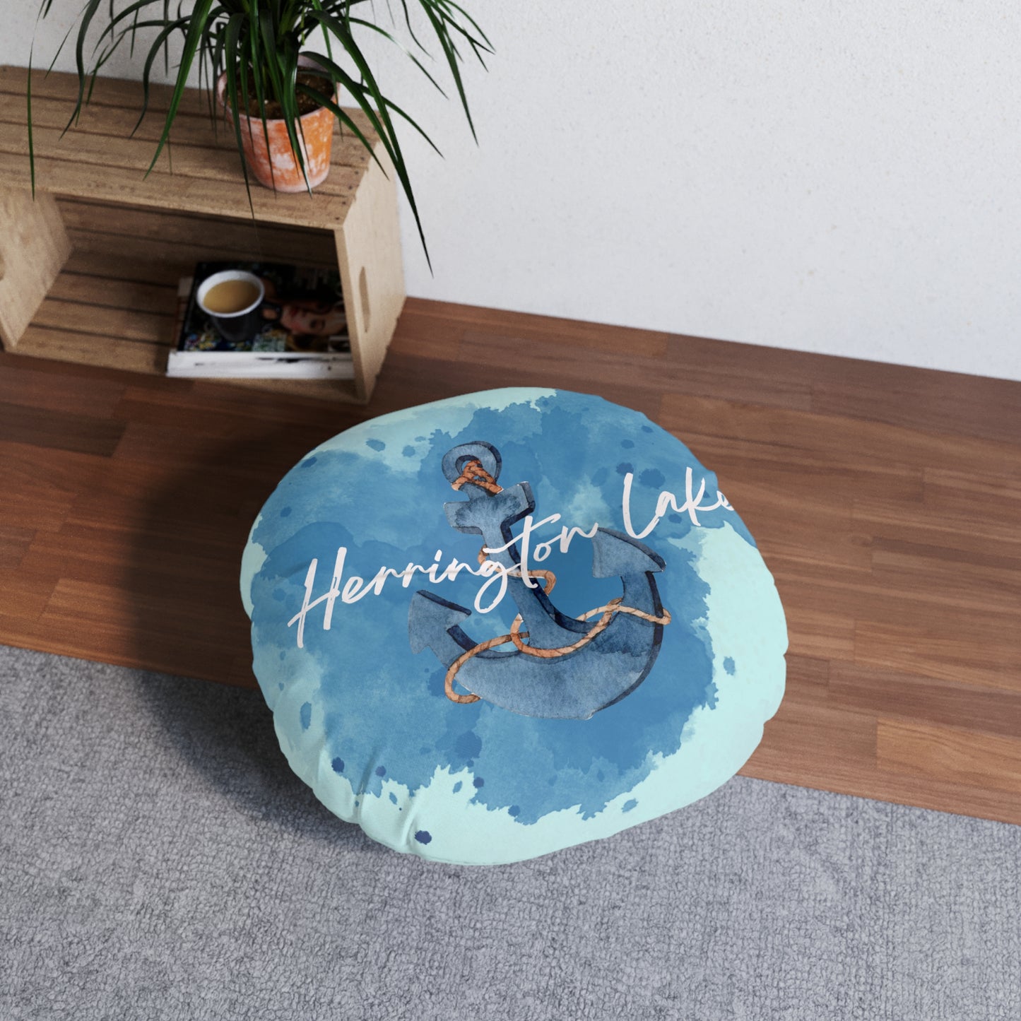 Lake Vibes Blue Watercolor Tufted Floor Pillow, Round