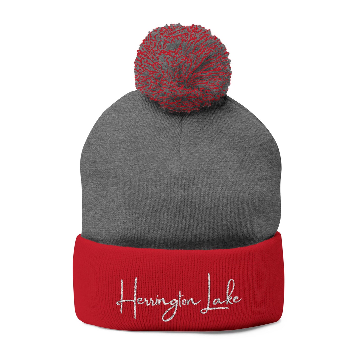 Embroidered Herrington Lake Script Pom-Pom Knit Cap