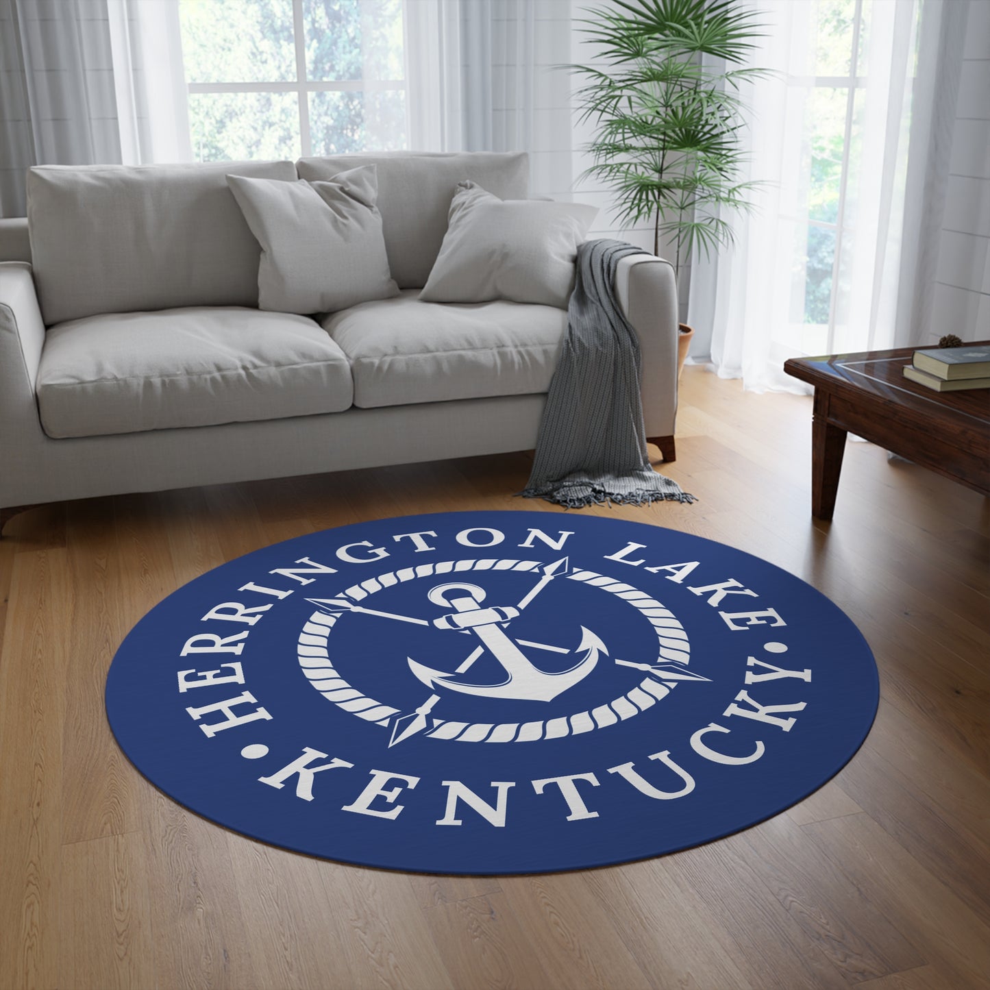 Herrington Lake Nautical Collection Round Rug - White on Blue