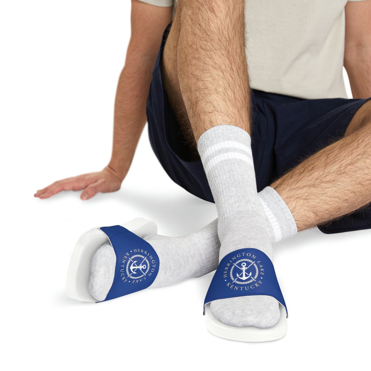 Men's HLKY White Anchor Slide Sandals, Dark Blue