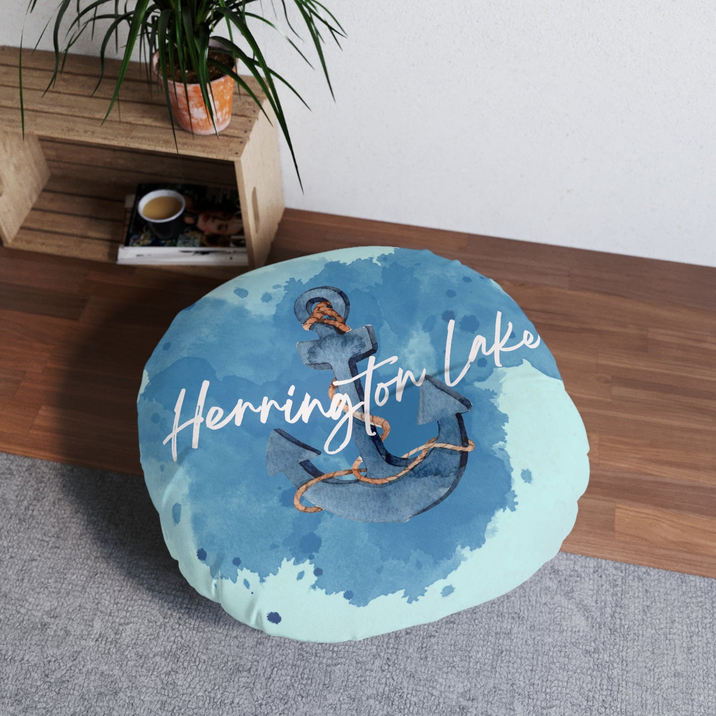 Lake Vibes Blue Watercolor Tufted Floor Pillow, Round