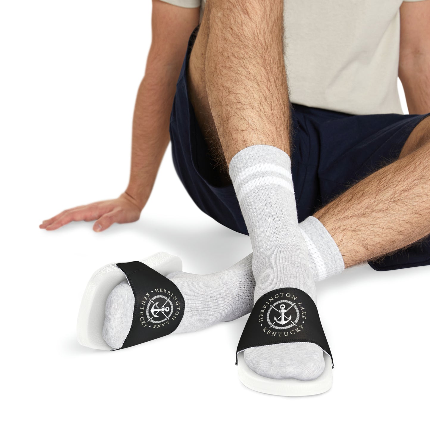 Men's HLKY White Anchor Slide Sandals, Black