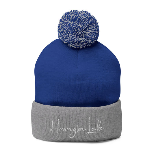 Embroidered Herrington Lake Script Pom-Pom Knit Cap