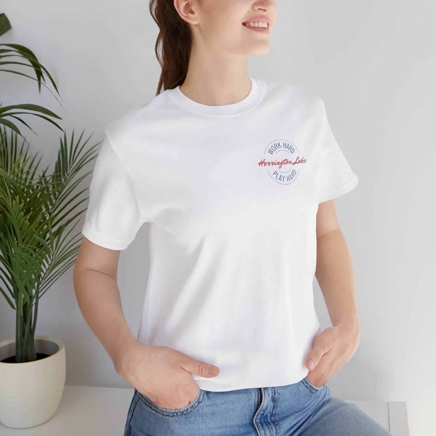 "Work Hard. Play Hard." Herrington Lake Double-Sided Print Jersey Knit Cotton Short Sleeve Tee