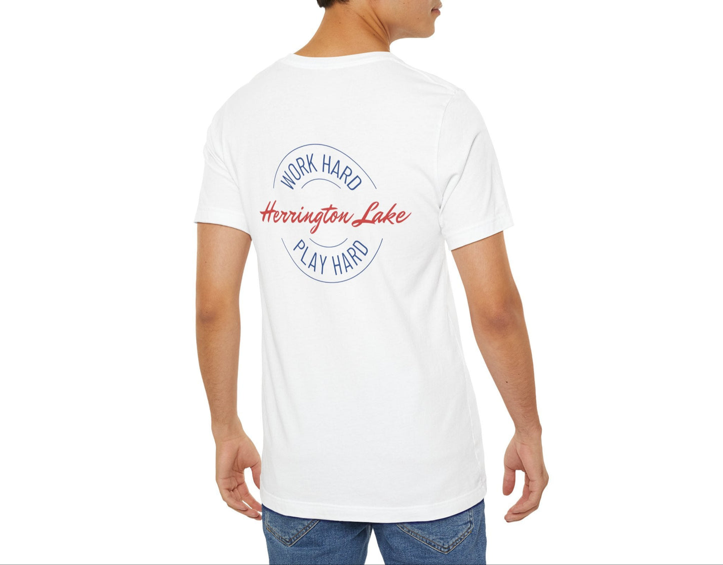 "Work Hard. Play Hard." Herrington Lake Double-Sided Print Jersey Knit Cotton Short Sleeve Tee