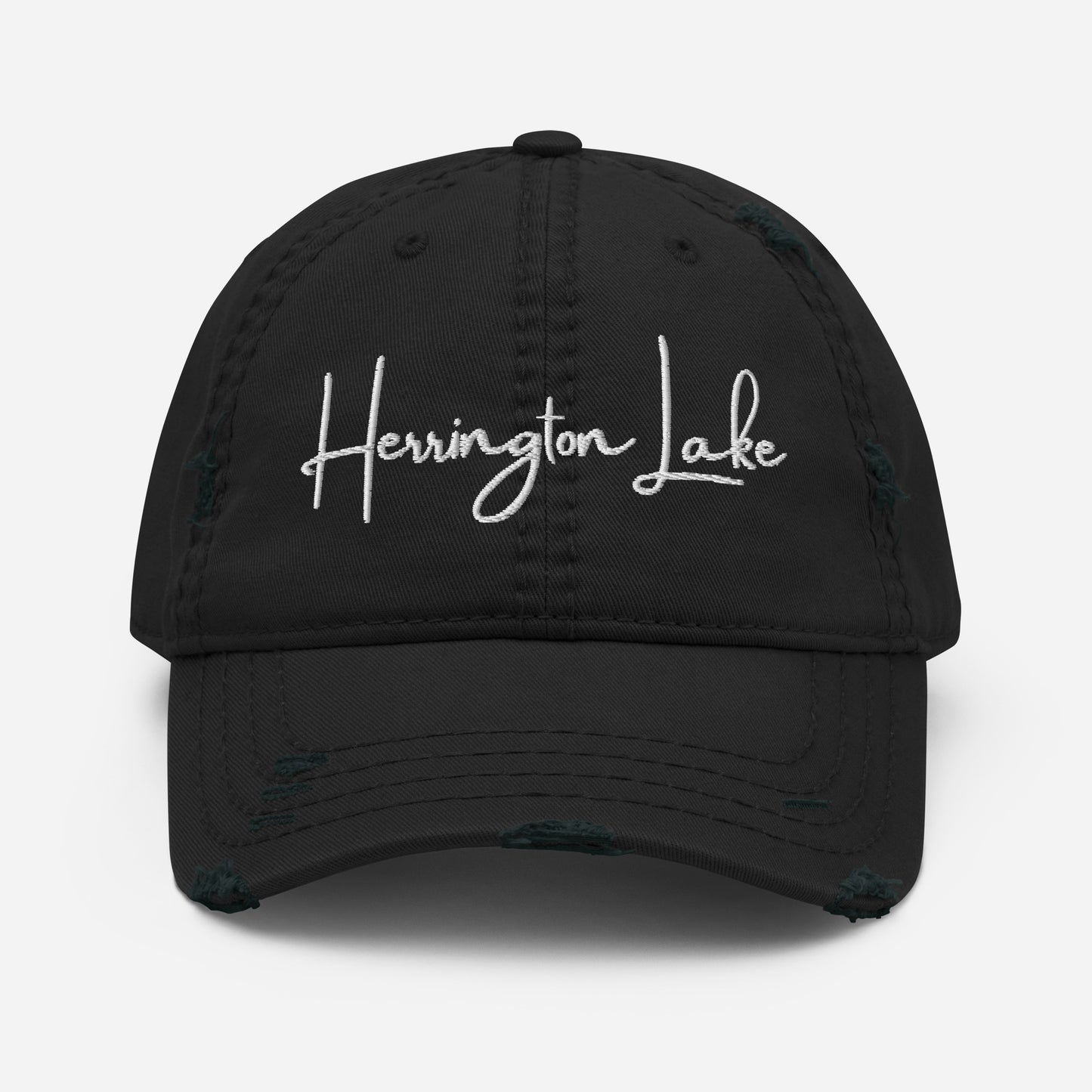 Embroidered Herrington Lake Script Logo Distressed Dad Hat