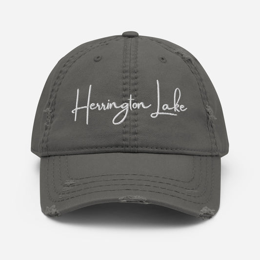 Embroidered Herrington Lake Script Logo Distressed Dad Hat