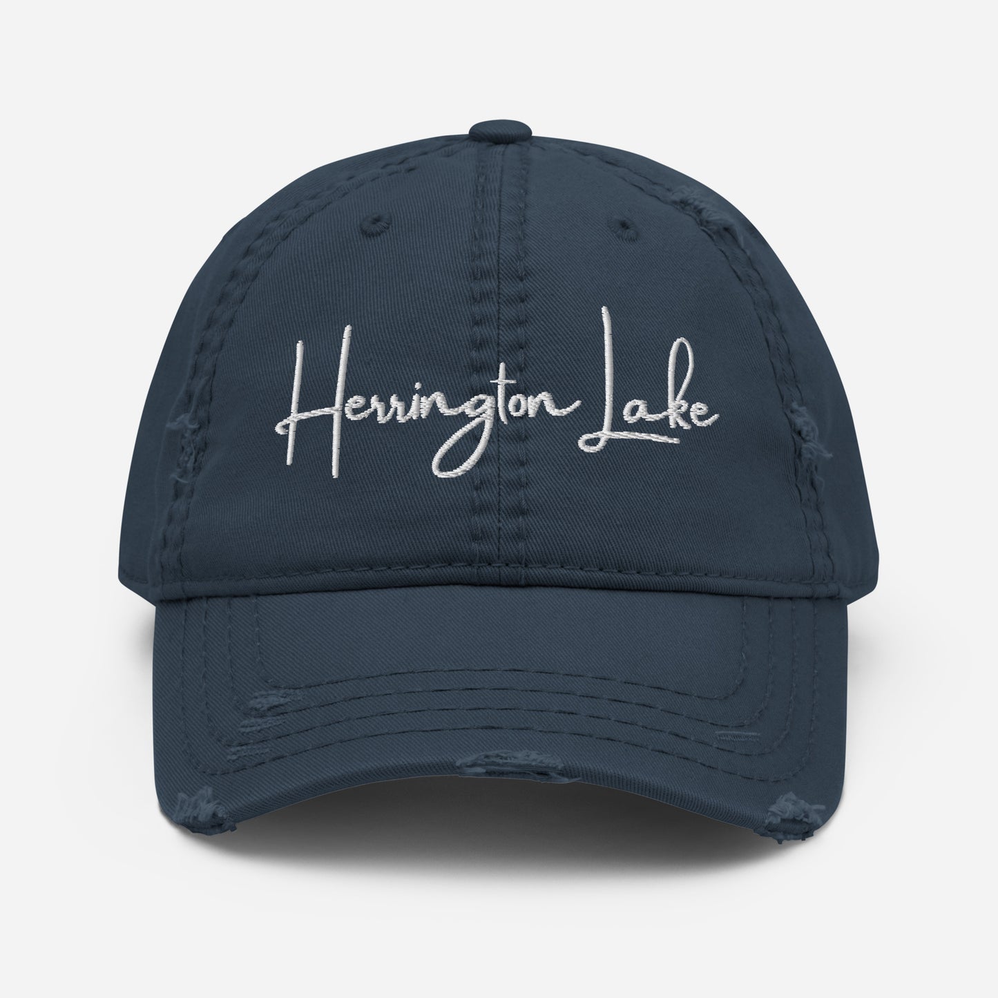 Embroidered Herrington Lake Script Logo Distressed Dad Hat